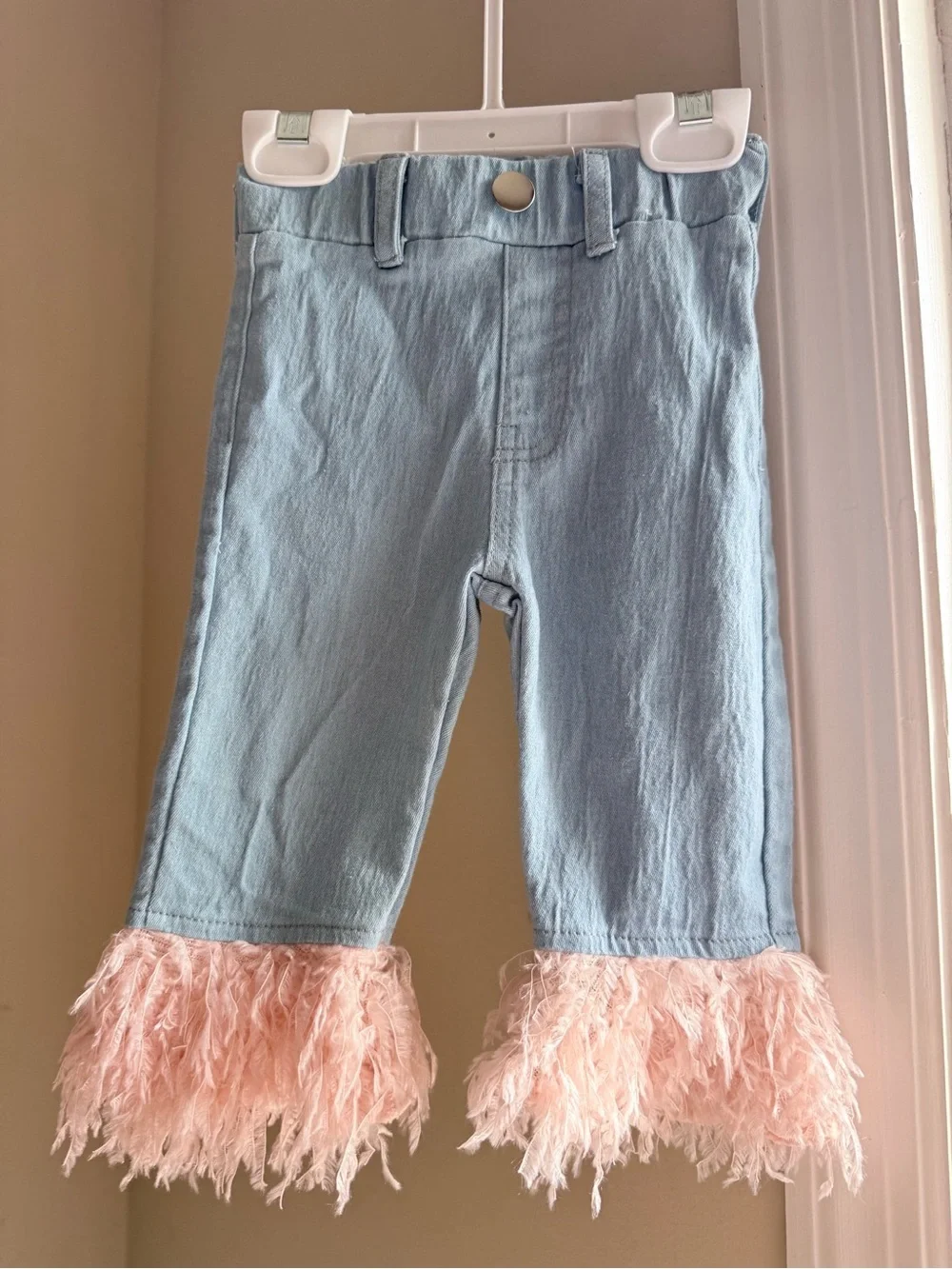 3 for $25 Bailey’s Blossoms Light Blue Knit Pants with Pink Feather Trim